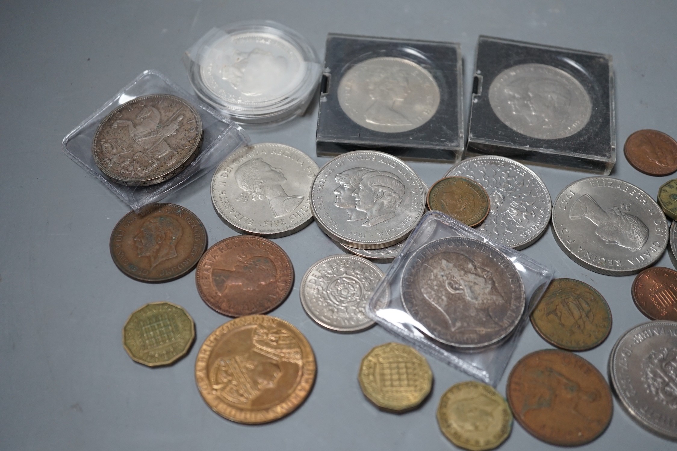 A 1902 silver crown, VF, 1889 half crown, a proof silver Prince of Wales & Lady Diana crown and other UK coins